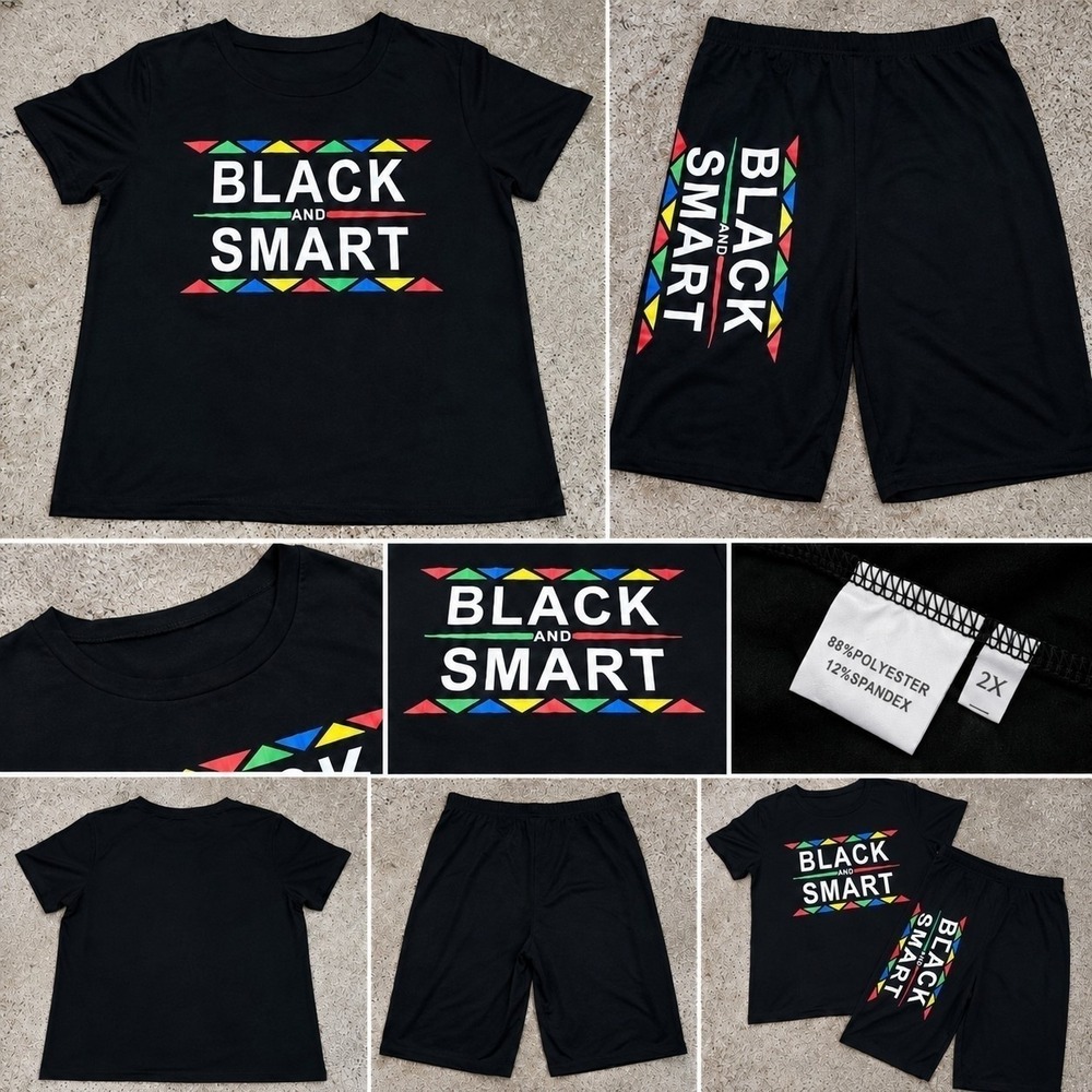 Shorts Set Womens 2X Black Excellent Graphic Print Two Piece Athleisure Co-ord